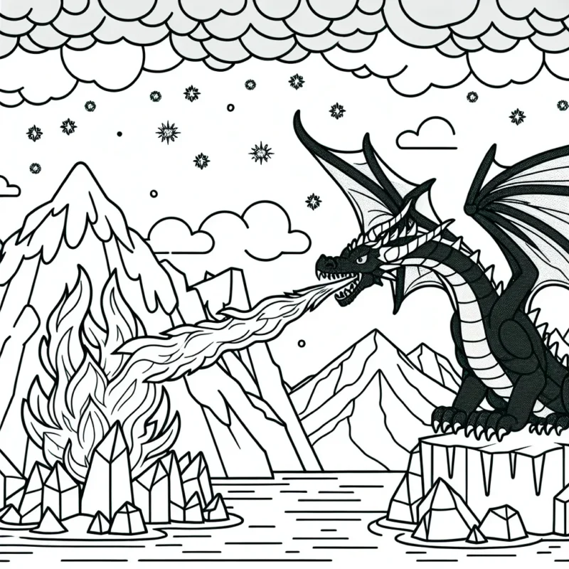 Imagine un dragon qui crache du feu sur une montagne de glace