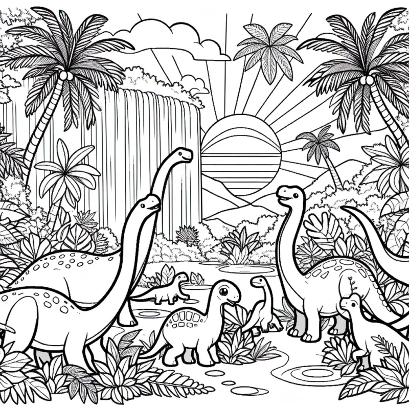 Imagine un groupe de dinosaures qui jouent dans la jungle pleine de plantes luxuriantes et de chutes d'eau. Chaque dinosaure est différent: certains sont grands avec de longs cous, d'autres sont petits avec de grandes griffes. Et à l'arrière-plan, le soleil se couche, teintant le ciel de belles couleurs.