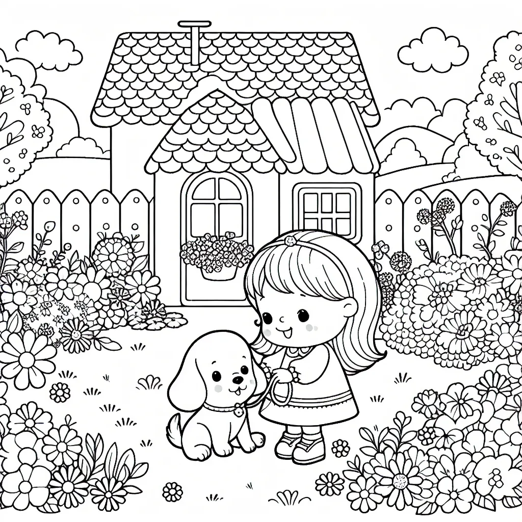 Une petite fille joue avec son chiot dans un jardin fleuri devant une jolie maison