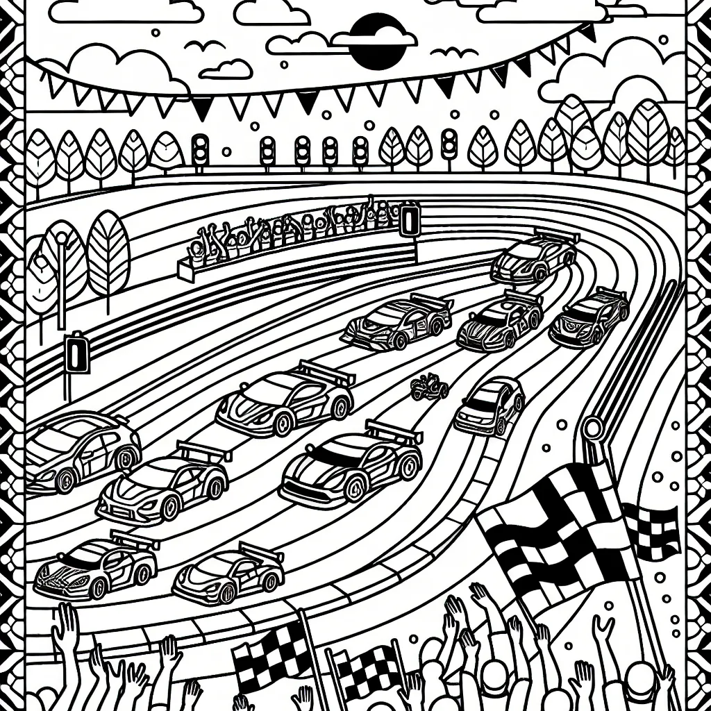 Dessine une scène de course automobile sur un circuit avec de nombreux détails : voitures de différentes formes et couleurs, spectateurs applaudissant, feux de signalisation, arbres et ciel