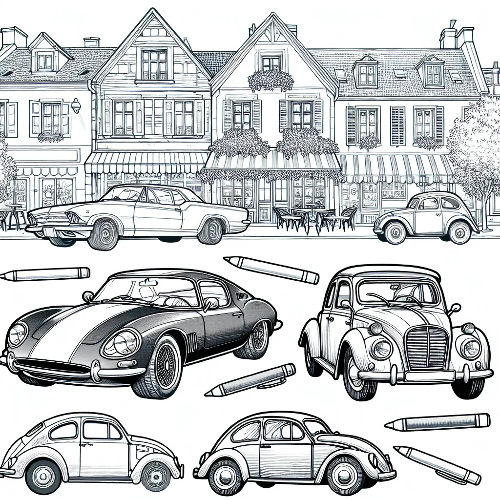 Dessine une rangée de voitures classiques de différentes époques garées près d'un café pittoresque sur une petite place de ville. Inclut différents styles de voitures : une voiture sportive des années 60, un gros 4x4 moderne, une ancienne voiture bonbonnière des années 50 et une voiture électrique de dernière génération. Assure-toi d'ajouter beaucoup de détails à ces voitures pour qu'elles soient différentes et uniques.