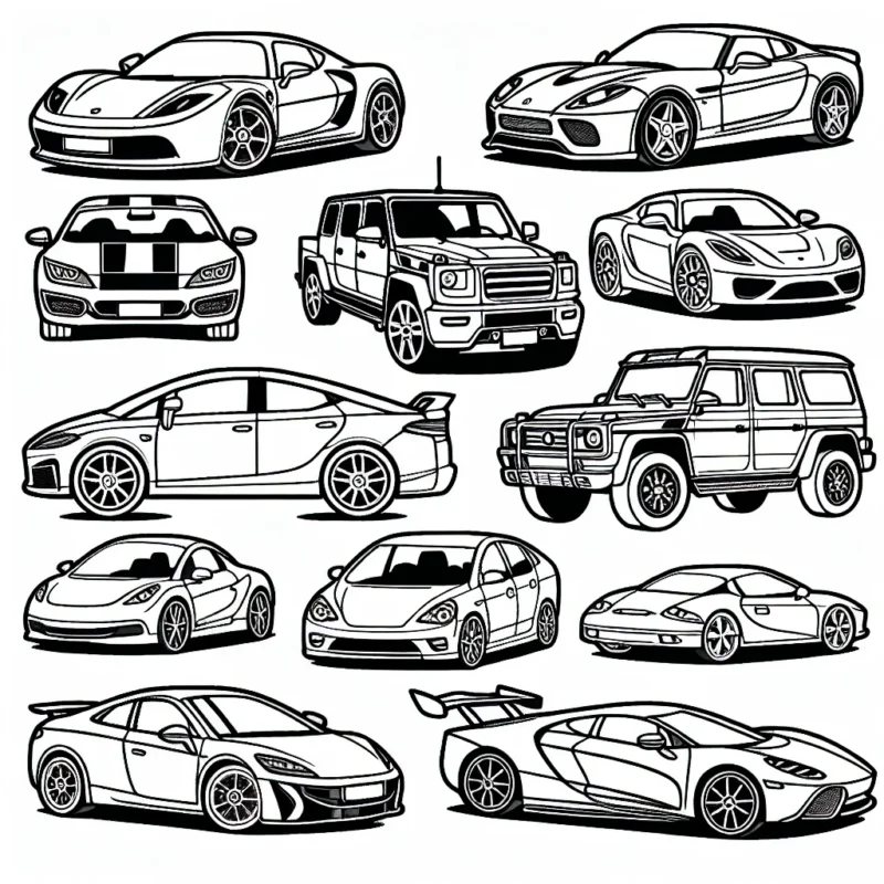 Dessine une variété de voitures par marques comme Ferrari, BMW, Audi, Mercedes et Tesla.