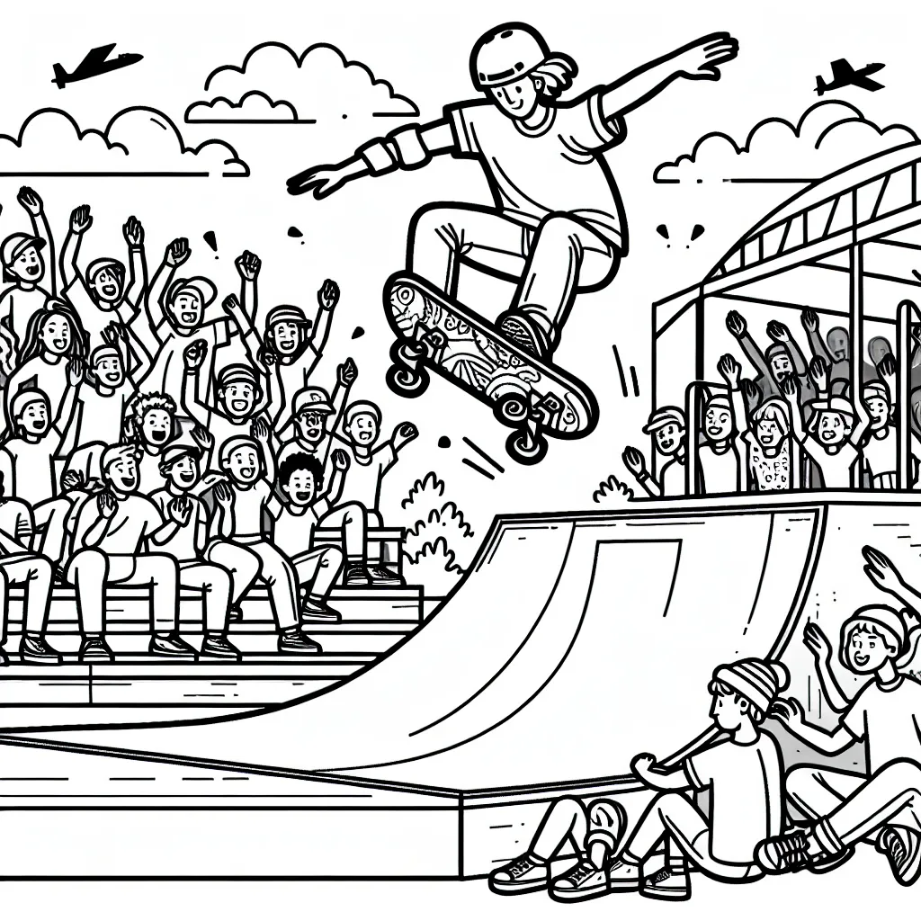 Dessine un skateur qui effectue un saut spectaculaire sur une rampe dans un skatepark, entouré de son public qui l'encourage. N'oublie pas d'ajouter les détails de l'équipement de sécurité comme le casque et les genouillères.