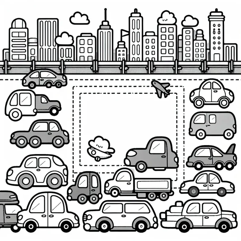 Dessinez une bordure remplie de petites voitures de toutes formes, de toutes tailles, stationnées dans la ville avec un paysage urbain en arrière-plan. Laissez libre cours à votre imagination pour rendre chaque voiture unique !