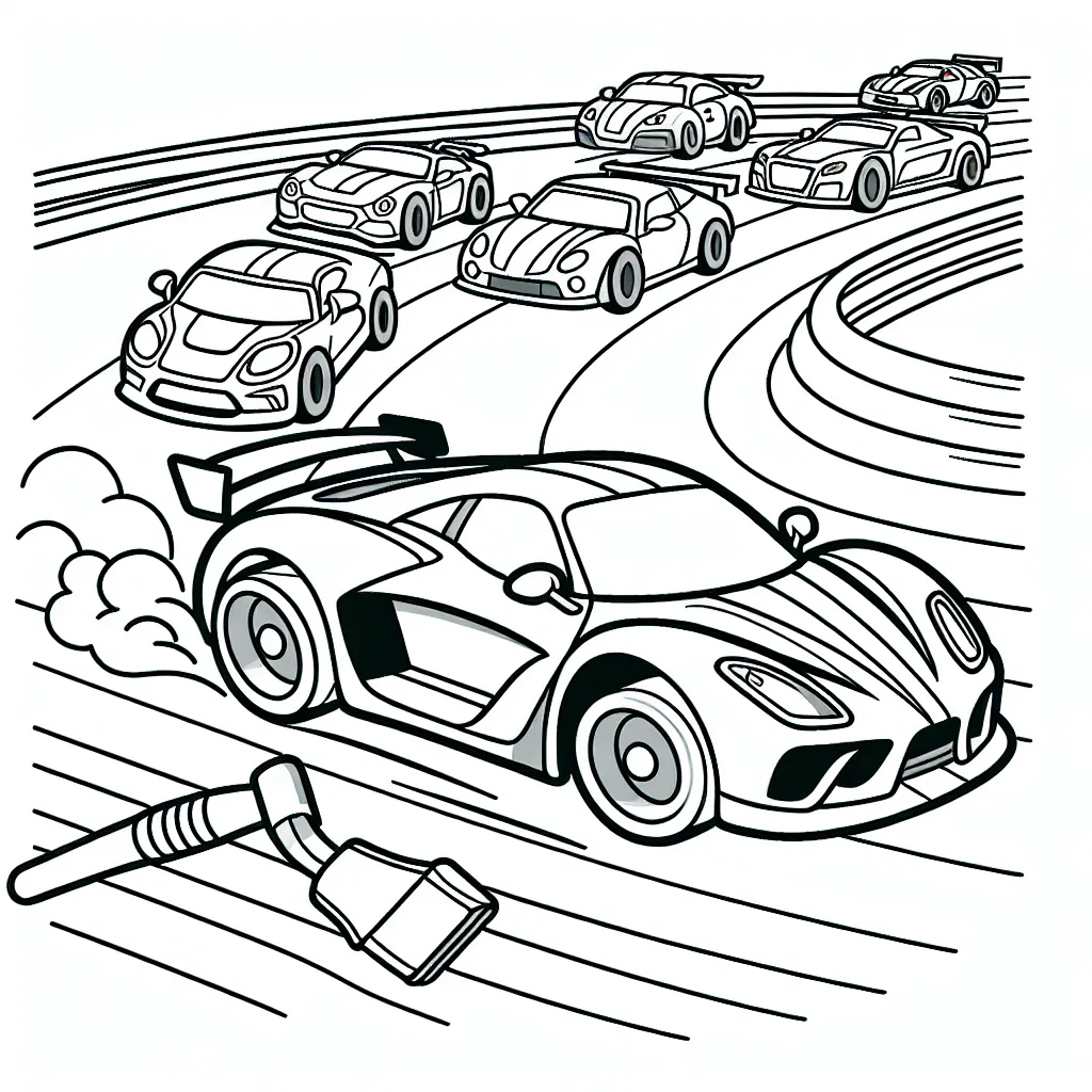 Dessine une voiture de course rouge ultra-rapide, dépassant tous les autres véhicules, sur un circuit animé.