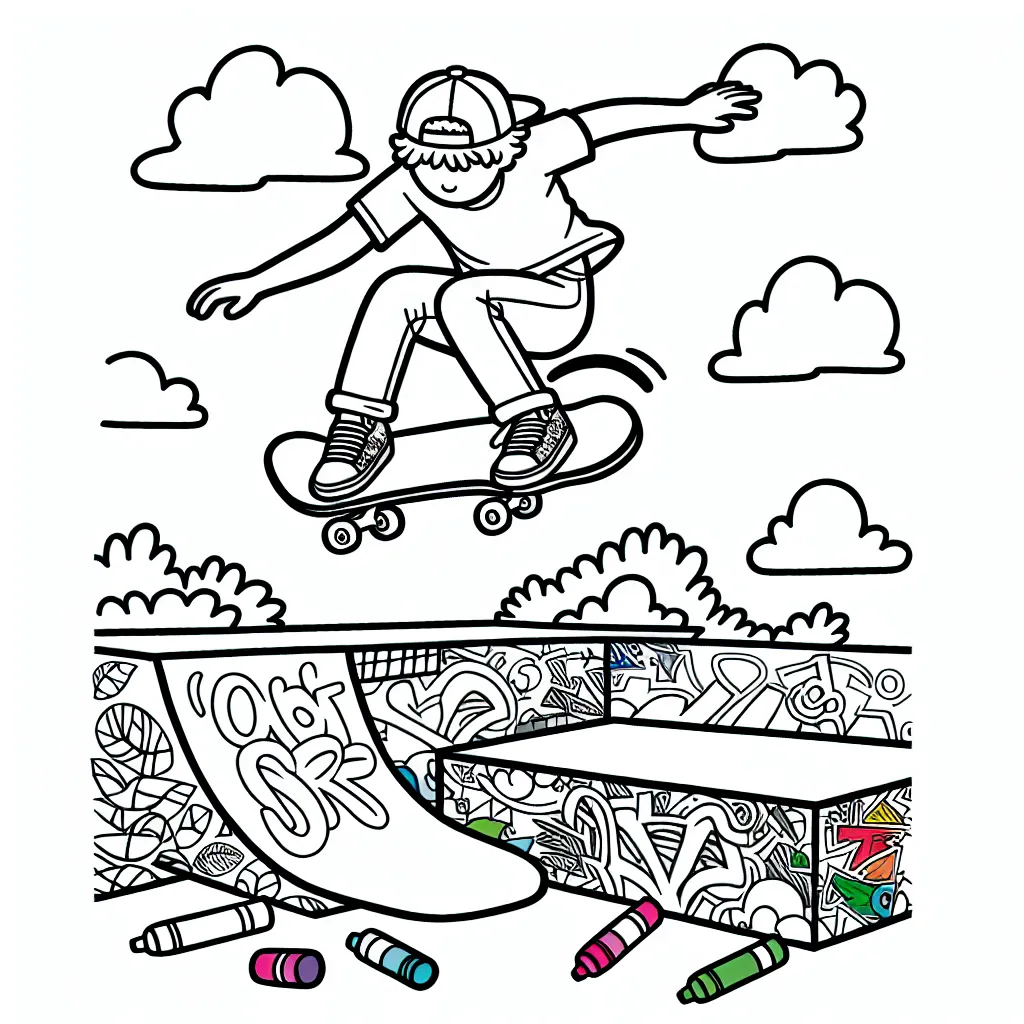 Dessine un skateboarder faisant un saut impressionnant au-dessus d'un parc de skate plein de graffitis colorés