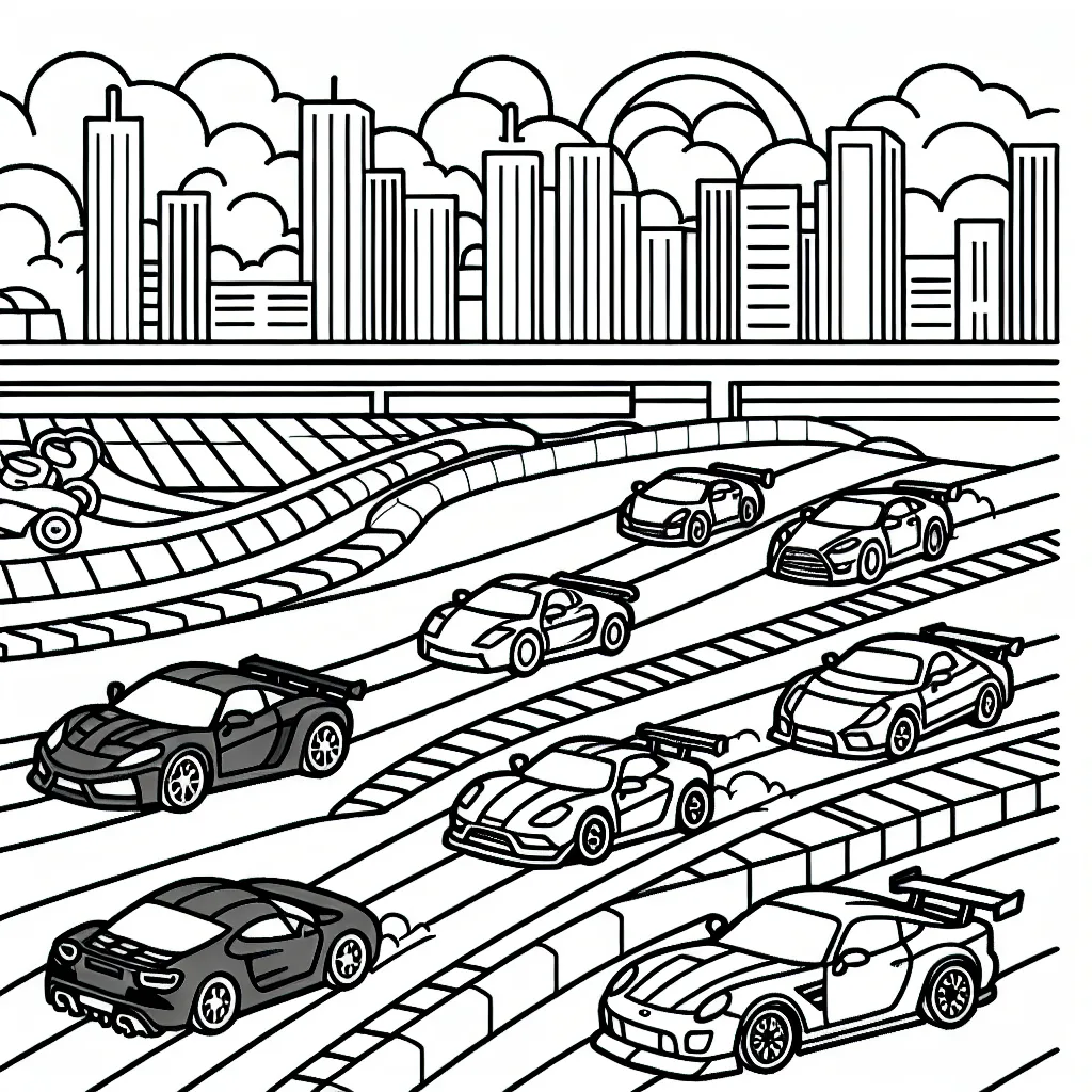 Un circuit de course avec des voitures de différents modèles, un paysage urbain en arrière-plan et un ciel ensoleillé.