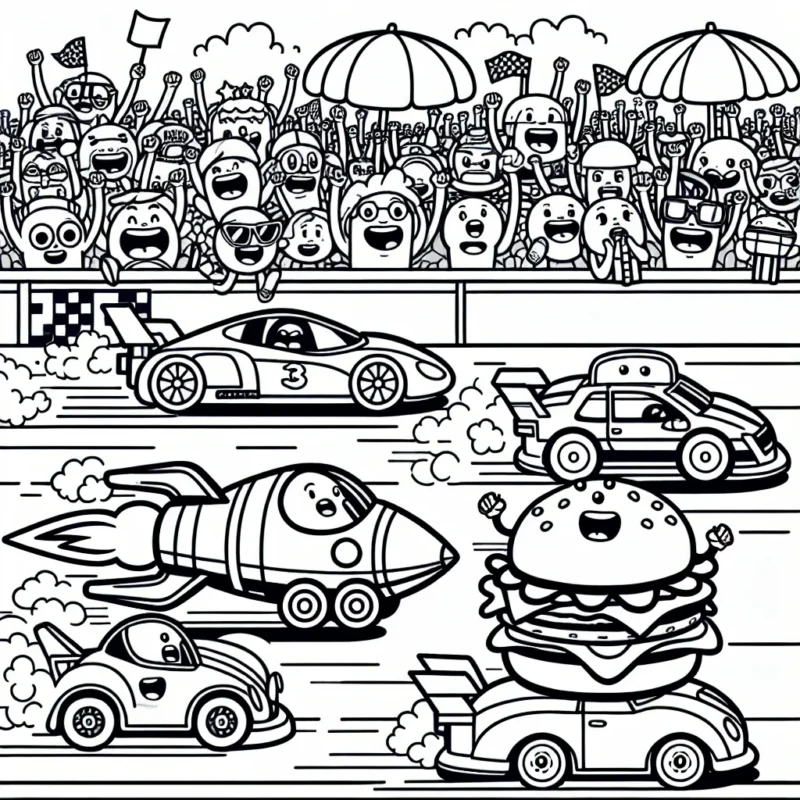 Dessinez une course animée entre des voitures de différentes formes et tailles. Il y a une voiture fusée en tête, suivie de près par une voiture hamburger. Une foule dense de personnages de dessins animés regarde la course depuis le bord de la route. Il y a également des musiciens qui jouent de la musique entraînante sur la ligne de départ/arrivée.