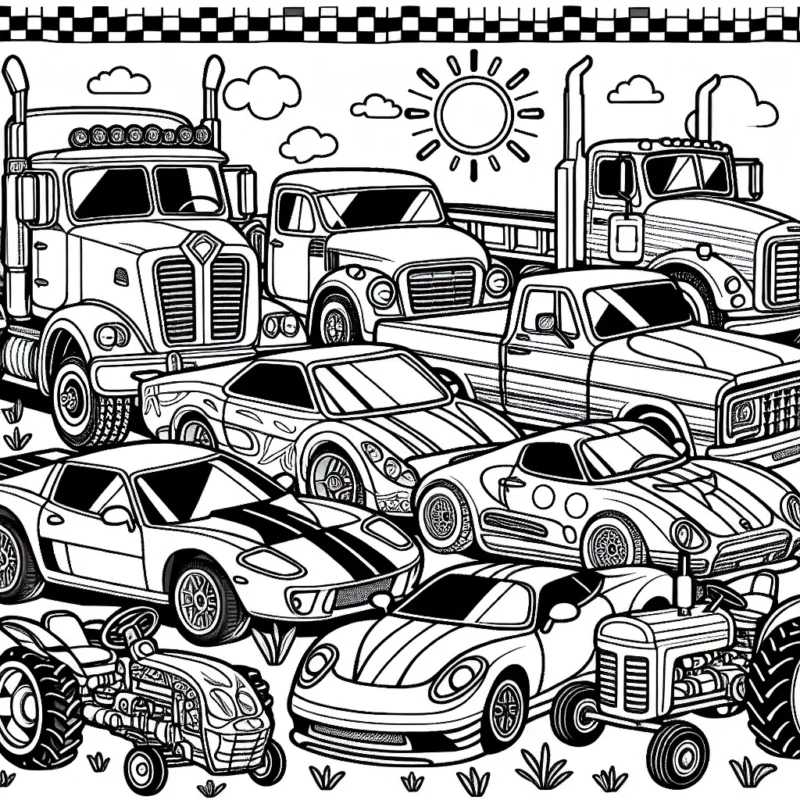 Des voitures de tous types - voitures de sport, voitures anciennes, camions, tracteurs et voitures de course sont stationnées ensemble dans un grand parking. Certaines voitures ont des motifs amusants et des rayures. Le soleil brille dans le ciel, créant des ombres intéressantes qui attendent d'être remplies de couleurs.