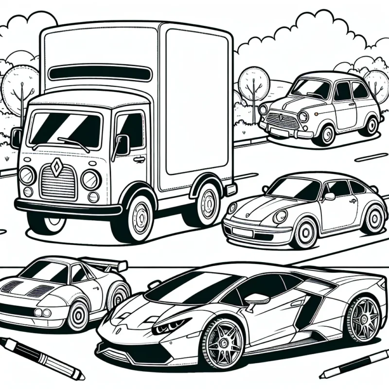 Dessine une série de voitures par marque - Renault, Peugeot, Volkswagen, Ferrari et Lamborghini. Fais un effort pour inclure des détails authentiques de chaque voiture pour leur donner une apparence réaliste. Tu peux même ajouter des décors en arrière-plan comme des routes, des arbres et des bâtiments.