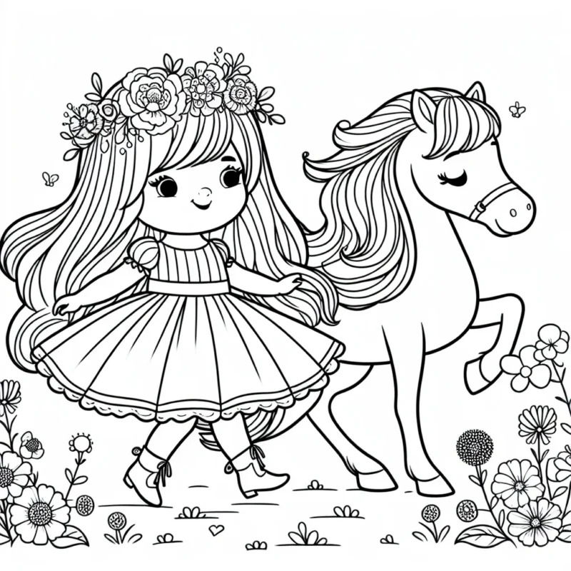 Une petite princesse aux longs cheveux raides danse dans un champ de fleurs épanouies avec son fidèle poney