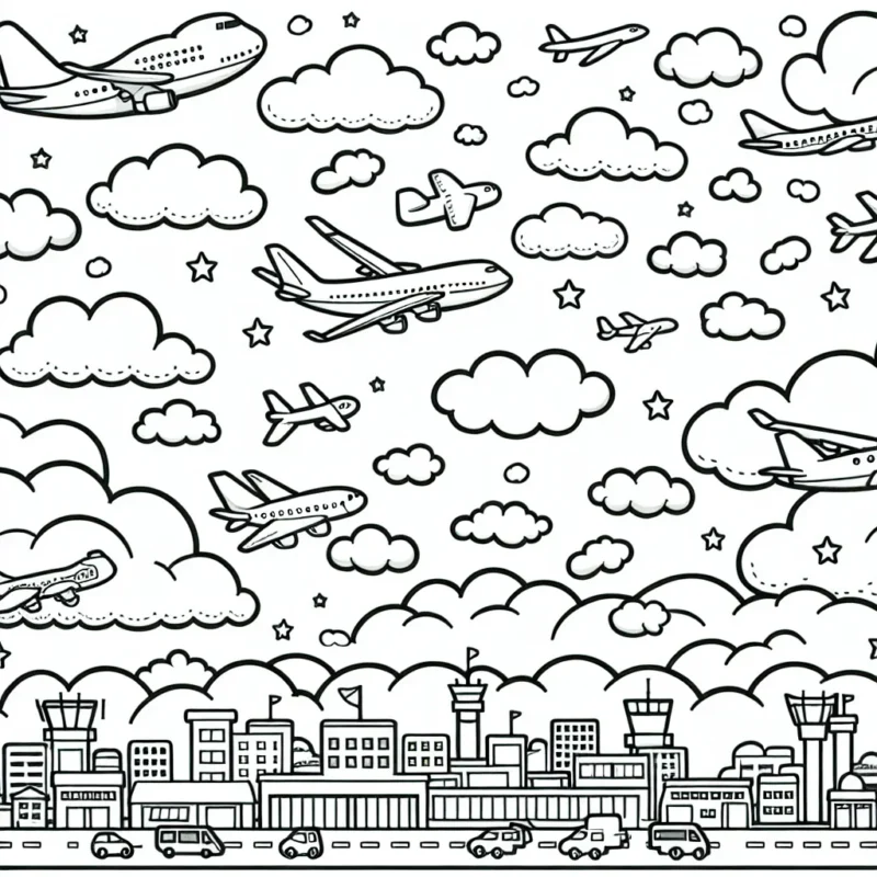 Un magnifique ciel avec plusieurs types d'avions qui volent parmi les nuages multicolores et un aéroport animé en arrière-plan.