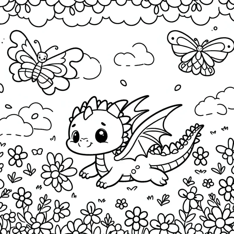 Un petit dragon jouant avec des papillons dans un champ de fleurs