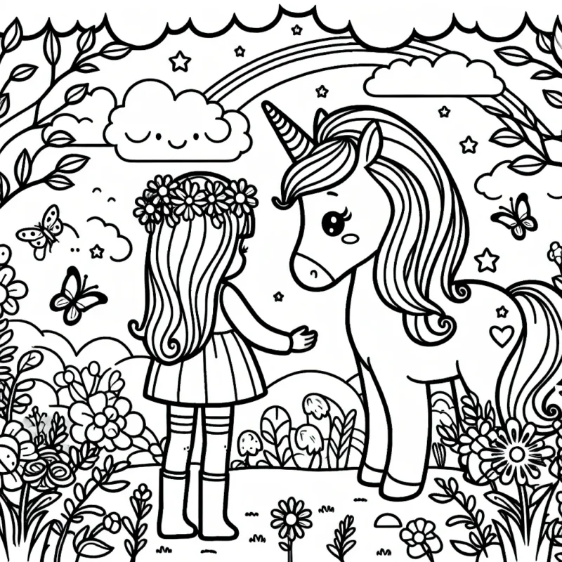 Un paysage féerique où une petite fille rencontre sa licorne amie dans un jardin rempli de fleurs et de papillons