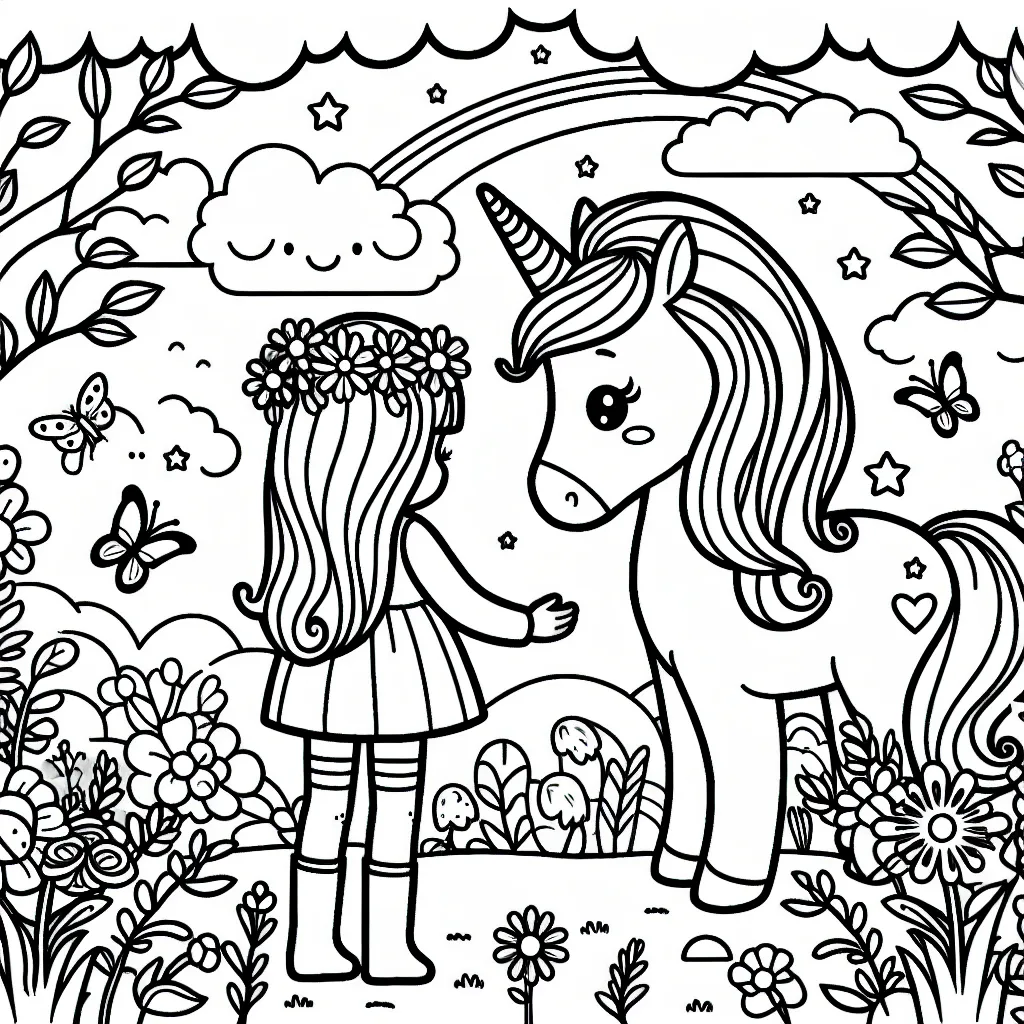 Un paysage féerique où une petite fille rencontre sa licorne amie dans un jardin rempli de fleurs et de papillons