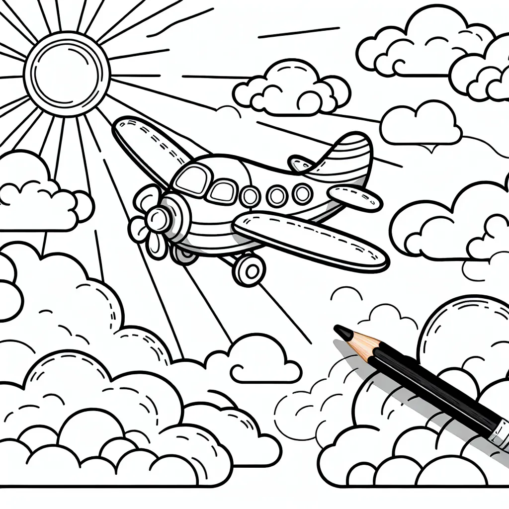 Sur cet atelier de coloriage, vous découvrirez une scène d'un ravissant avion volant haut dans le ciel azur, entouré de nuages moelleux et d'un soleil radiant. Sur les ailes et la coque de l'avion, il y a des détails merveilleusement complexes prêts à être colorés. Laissez votre imagination s'envoler !