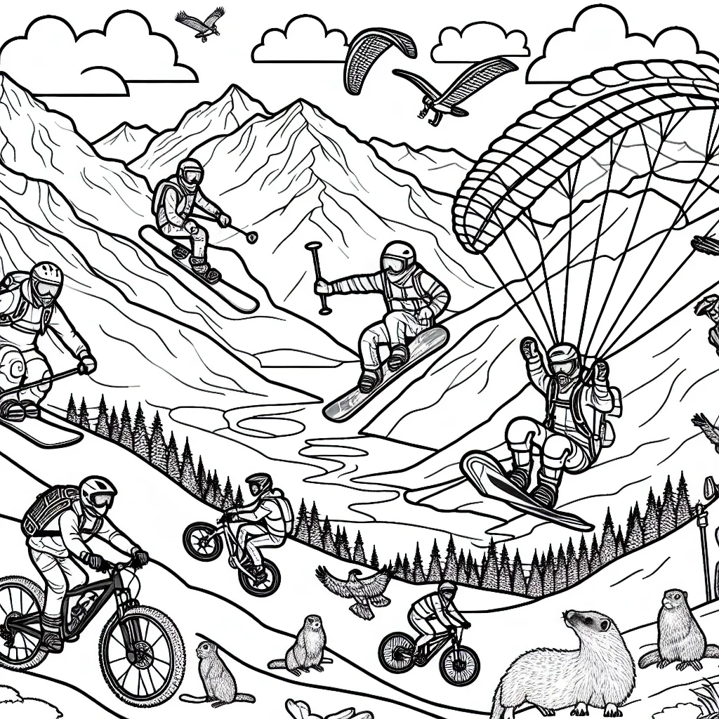 Imaginez un paysage de montagne avec des snowboarders qui descendent les pentes abruptes, des parapentistes qui volent au-dessus des cîmes et des vététistes qui dévalent les sentiers tortueux. N'oubliez pas de dessiner les casques, les protections et les équipements sportifs spécifiques aux sports extrêmes. Aussi, dessinez quelques animaux de montagne, comme les marmottes et les aigles, observant ces humains audacieux.