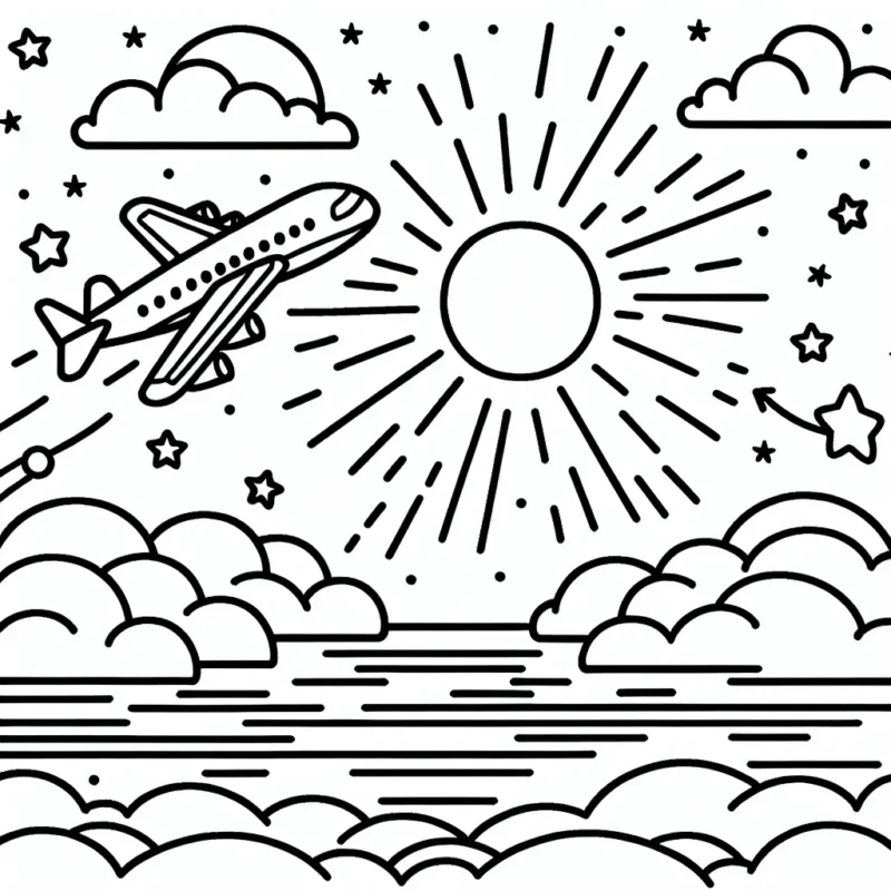 Imagine un avion volant au-dessus des nuages avec le soleil qui se couche à l'horizon. Des étoiles commencent à apparaitre dans le ciel. Les enfants pourront colorier l'avion, le ciel, le soleil, les nuages et les étoiles.