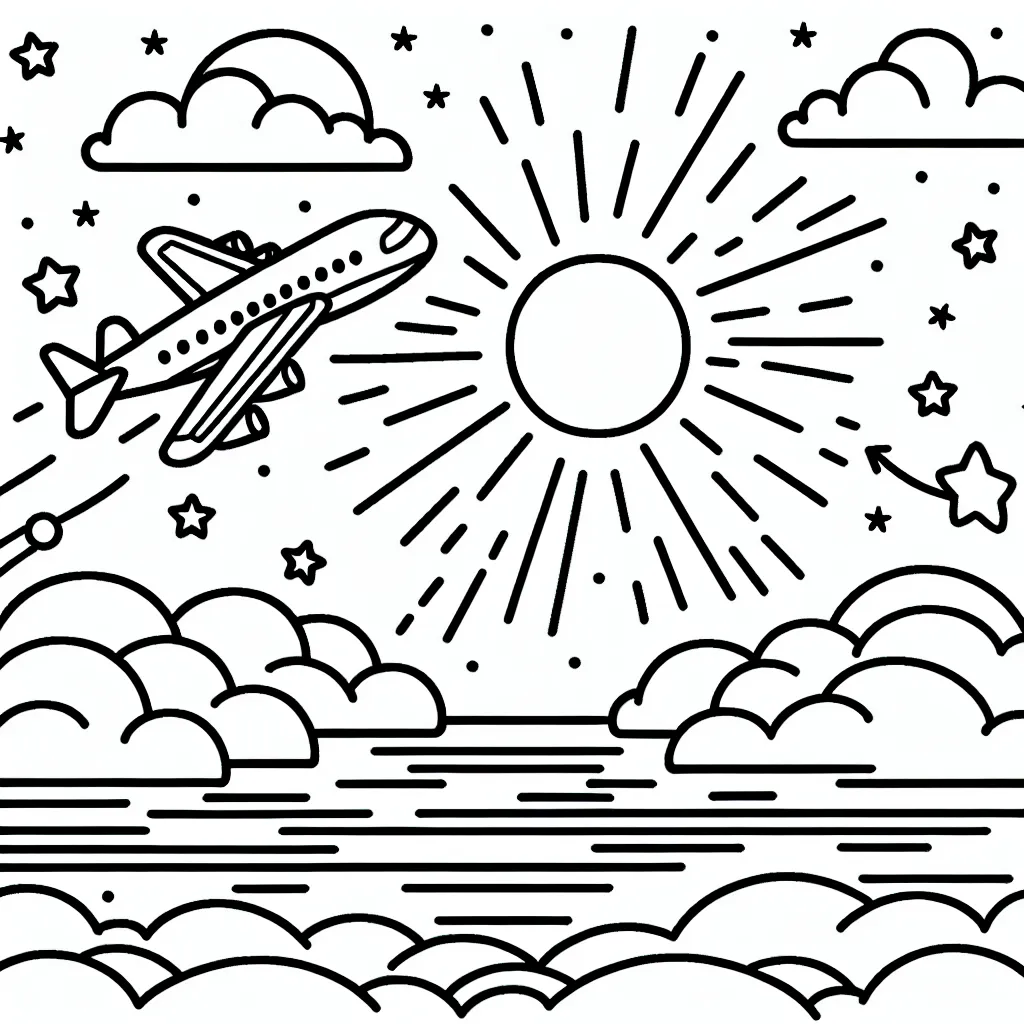 Imagine un avion volant au-dessus des nuages avec le soleil qui se couche à l'horizon. Des étoiles commencent à apparaitre dans le ciel. Les enfants pourront colorier l'avion, le ciel, le soleil, les nuages et les étoiles.