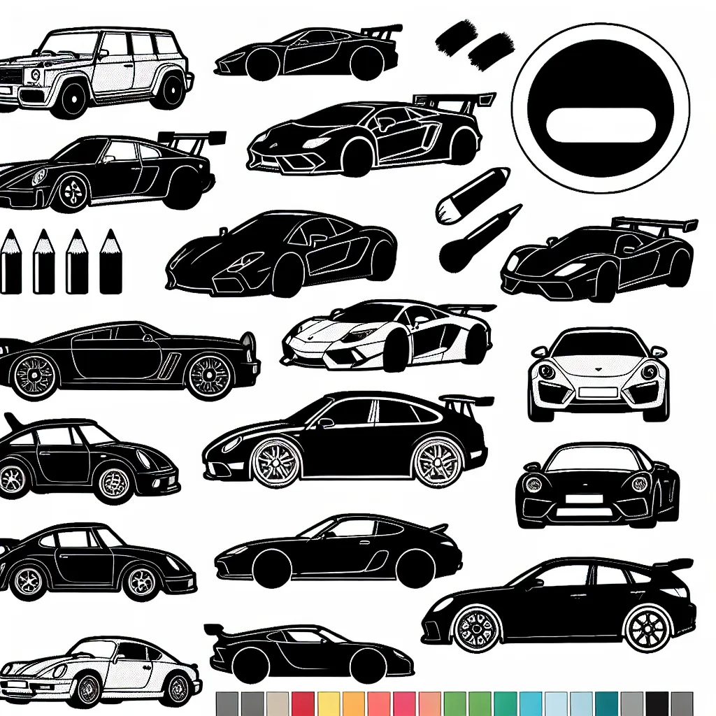 Voici une page blanche remplie de différentes voitures par marque à colorier en utilisant une variété de couleurs. Quelle couleurs choisiriez-vous pour la Ferrari, la Bugatti, la Lamborghini, la Mercedes, la BMW, la Renault, la Peugeot, la Citroën etc?