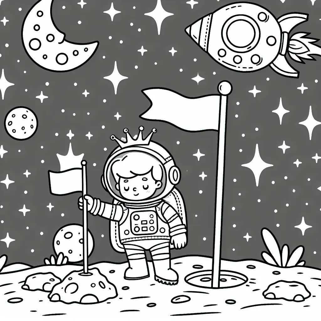 Un jeune prince astronaute en train de planter un drapeau sur la Lune, avec un vaisseau spatial coloré et des étoiles scintillantes en arrière-plan.