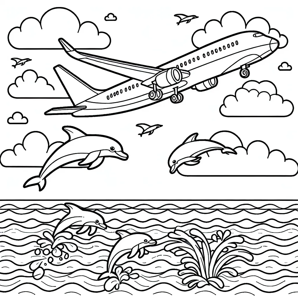 Dessine un grand avion de ligne survolant l'océan, avec des nuages dispersés dans le ciel et des dauphins sautant hors de l'eau.