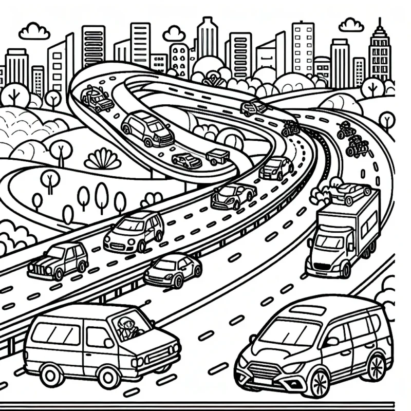 Une scène animée avec différents types de voitures - voitures de sport, mini-vans, 4x4, camions, et voitures anciennes - sur une route sinueuse traversant des paysages urbain et rural