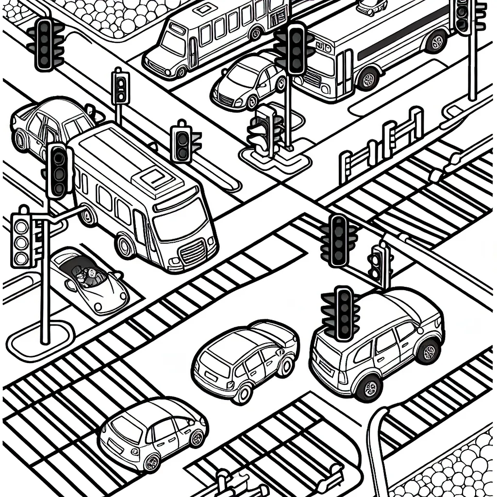 Illustration d'un carrefour animé avec différentes voitures à colorier