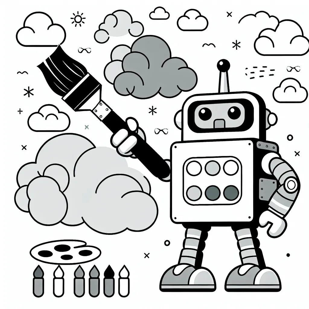 Imagine un robot gigantesque qui peint les nuages du ciel avec une grande brosse. Quelles couleurs choisiras-tu pour le ciel, les nuages, le robot et sa vaste brosse?