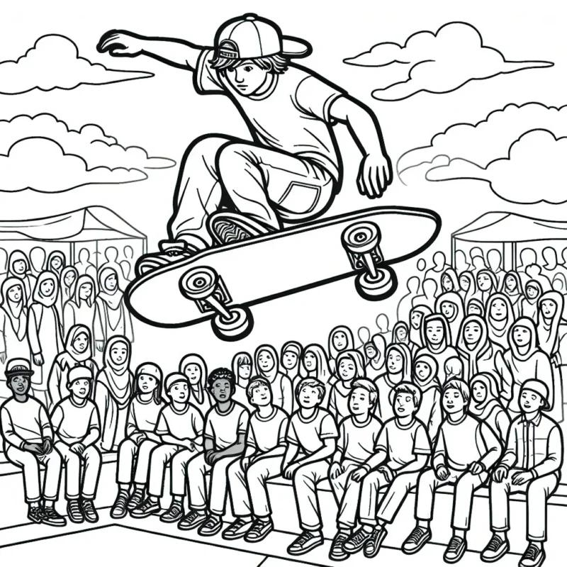 Dessine un adolescent faisant du skateboard sur une rampe à grande vitesse, avec un ciel nuageux comme toile de fond et un parc rempli de gens qui l'observent avec enthousiasme.