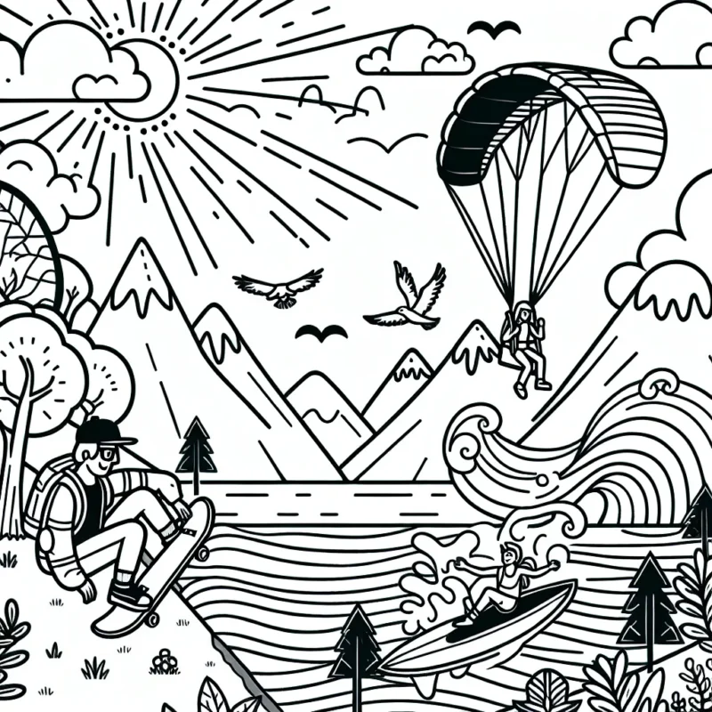 Sur cette page de coloriage, il y a trois amis qui font divers sports extrêmes dans des endroits différents. Il y a quelqu'un sur un skateboard qui descend une rampe, une autre personne fait du parapente depuis une haute montagne, et une autre personne fait du surf sur une grande vague. Il y a aussi des éclats de soleil, des nuages et des oiseaux dans le ciel, des arbres autour de la rampe de skateboard et des poissons dans la mer avec le surfeur.