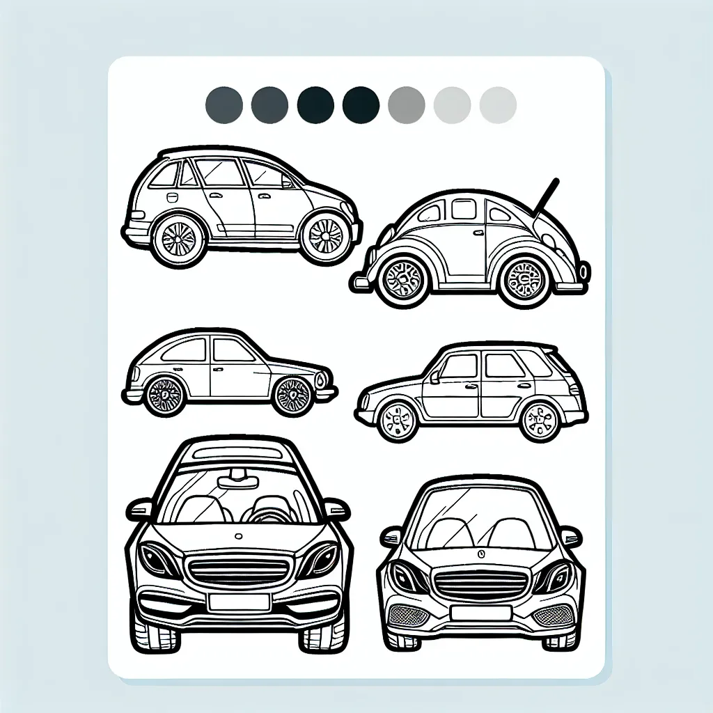 Colorie les différentes marques de voitures présentes dans le dessin.