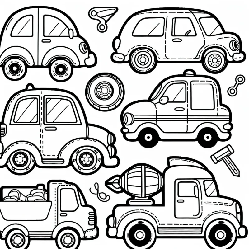 Un livre de coloriage présentant différentes marques de voitures.