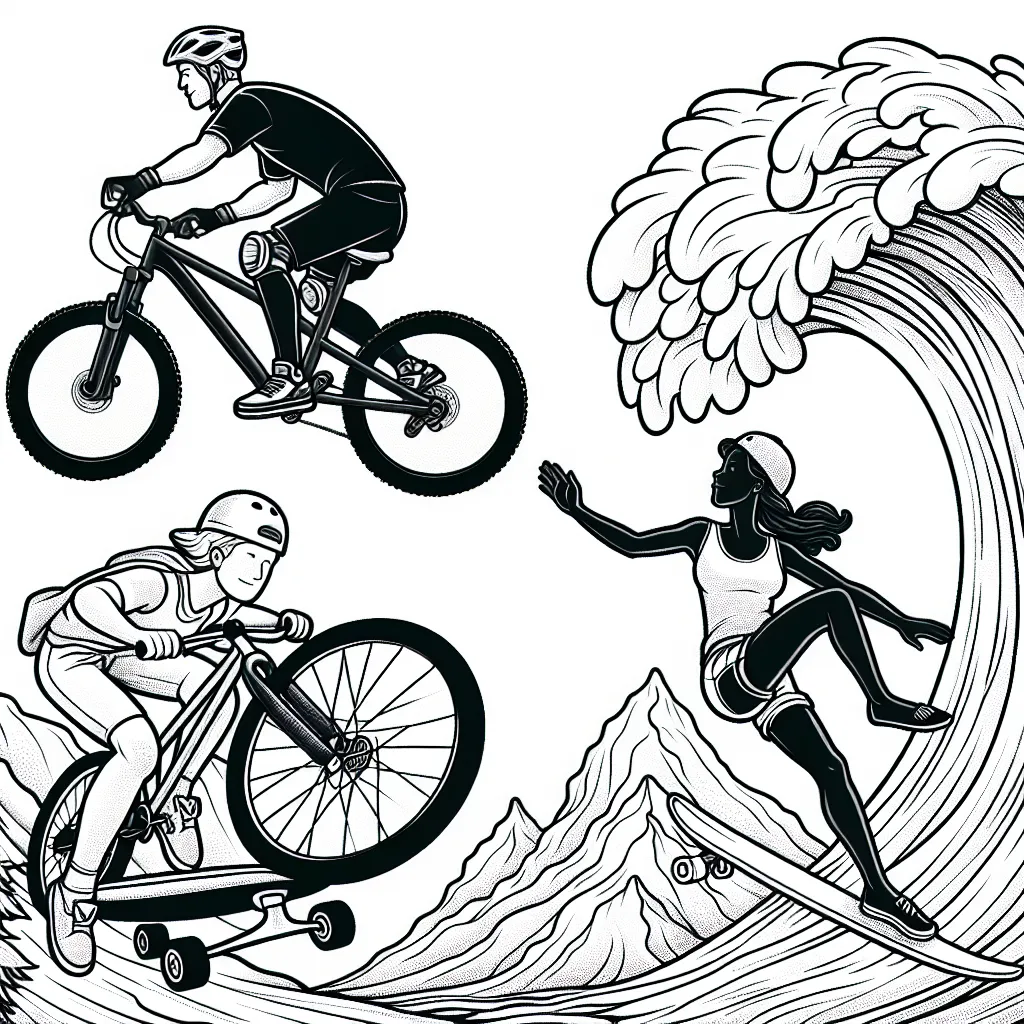 Dessine un cycliste dévalant une montagne abrupte sur son VTT, un skateboarder effectuant une figure audacieuse en plein air et un surfeur chevauchant une vague géante.