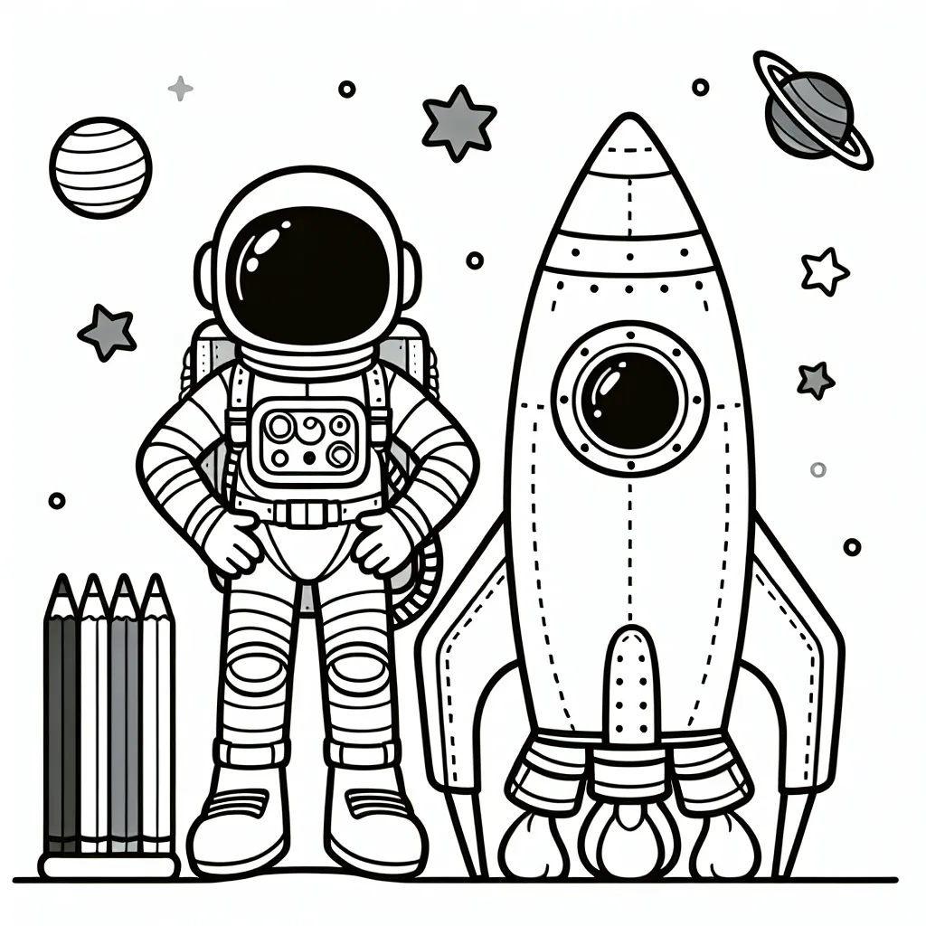 Dessine un astronaute courageux avec sa fusée colorée prêt à décoller pour une mission spatiale!