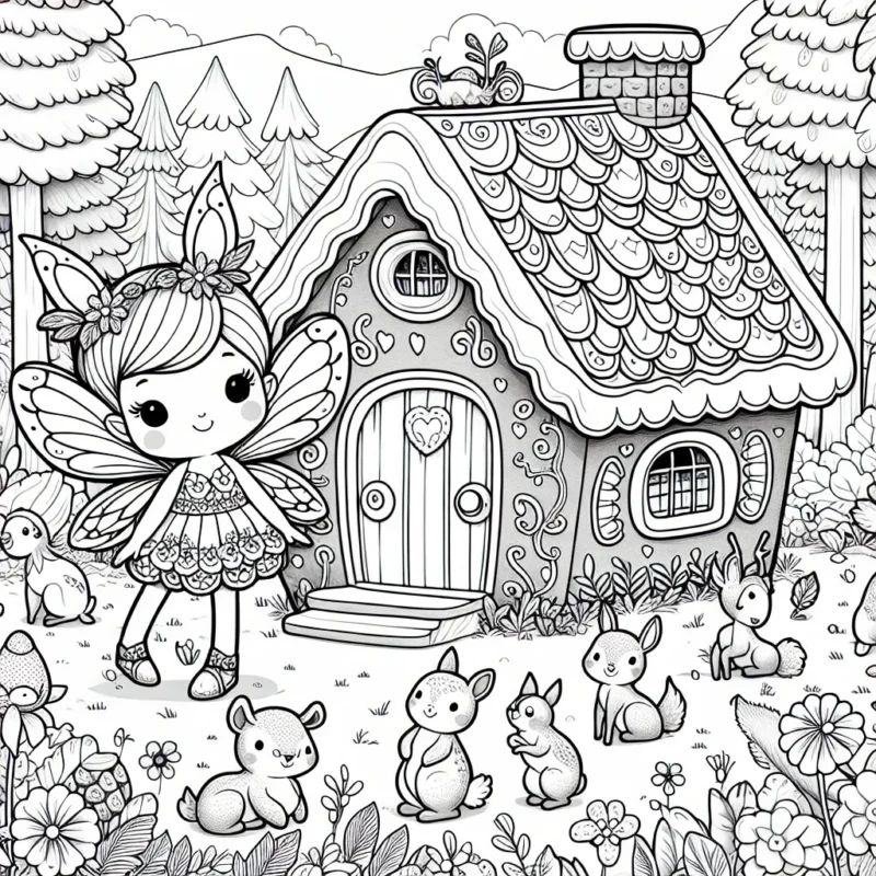 Dans une petite maison en pain d'épice au milieu de la forêt enchantée, une petite fée douce et joyeuse vit avec ses amis animaux. Elle a de petites ailes brillantes, une robe fleurie et un chapeau en forme de feuille. Ses amis animaux incluent un lapin coquin, un cerf gracieux, un oiseau chantant et une famille d'écureuils. Ils sont tous autour de la maison, jouant et rigolant. Il y a aussi une variété de plantes et de fleurs autour de la maison pour ajouter plus de détails et faire ressortir la beauté de la forêt enchantée.