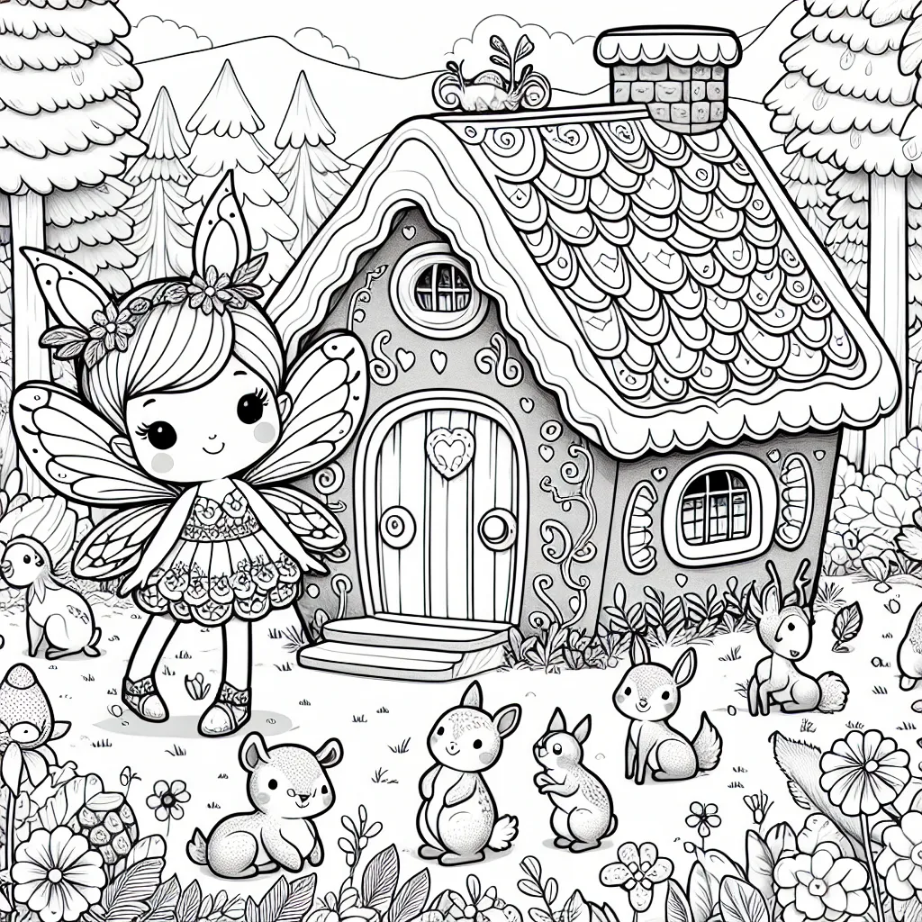 Dans une petite maison en pain d'épice au milieu de la forêt enchantée, une petite fée douce et joyeuse vit avec ses amis animaux. Elle a de petites ailes brillantes, une robe fleurie et un chapeau en forme de feuille. Ses amis animaux incluent un lapin coquin, un cerf gracieux, un oiseau chantant et une famille d'écureuils. Ils sont tous autour de la maison, jouant et rigolant. Il y a aussi une variété de plantes et de fleurs autour de la maison pour ajouter plus de détails et faire ressortir la beauté de la forêt enchantée.