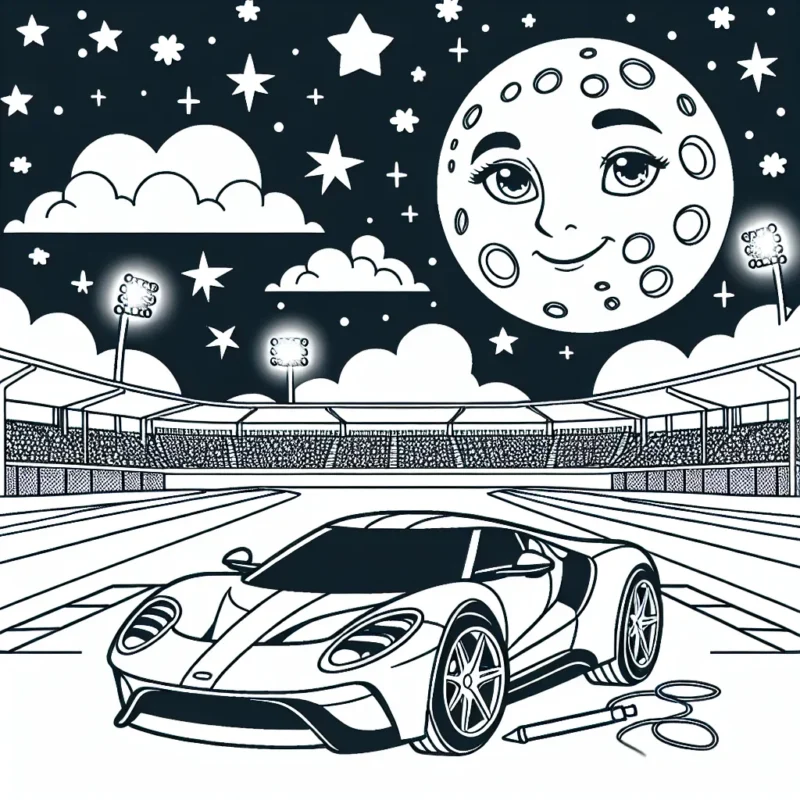 Dessine une voiture de sport furtive sous un ciel étoilé avec une grande lune, sur une piste de course illuminée. Décore également l'arrière-plan avec des gradins remplis de spectateurs et des projecteurs brillants.