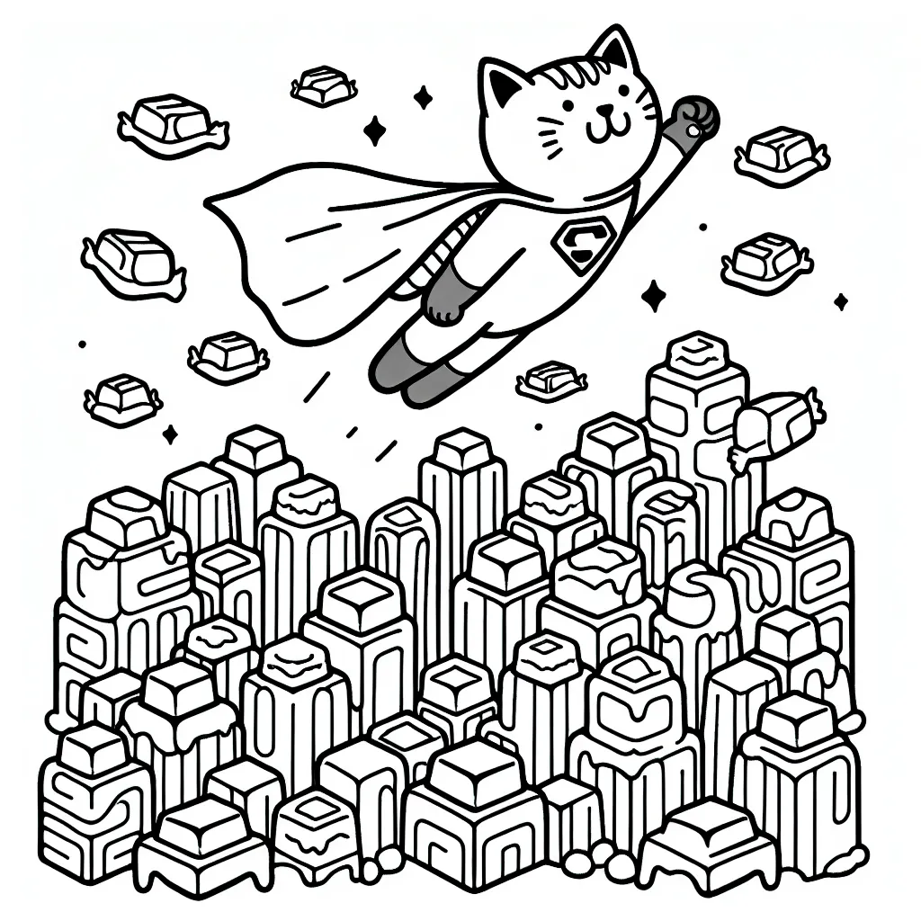 Un super-héros chat volant au-dessus d'une ville de caramels