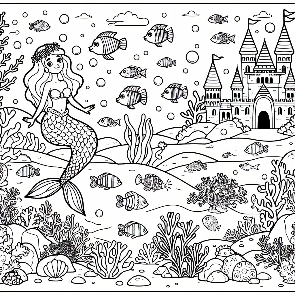 Veux-tu colorier un monde merveilleux sous-marin, peuplé d'une jolie sirène, de poissons multicolores, d'un château de corail et d'un trésor caché ? Alors ouvre largement ton imagination et utilise toutes tes couleurs préférées pour rendre ce monde vivant et joyeux.