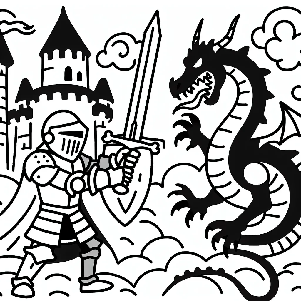 Dessin d'un chevalier courageux protégeant son château contre un dragon féroce