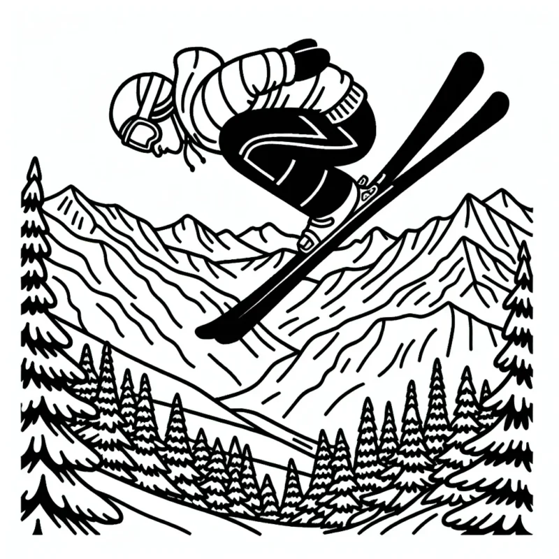 Dessine une scène de saut à ski extrême en haute montagne avec un skieur dans les airs complétant une figure acrobatique audacieuse