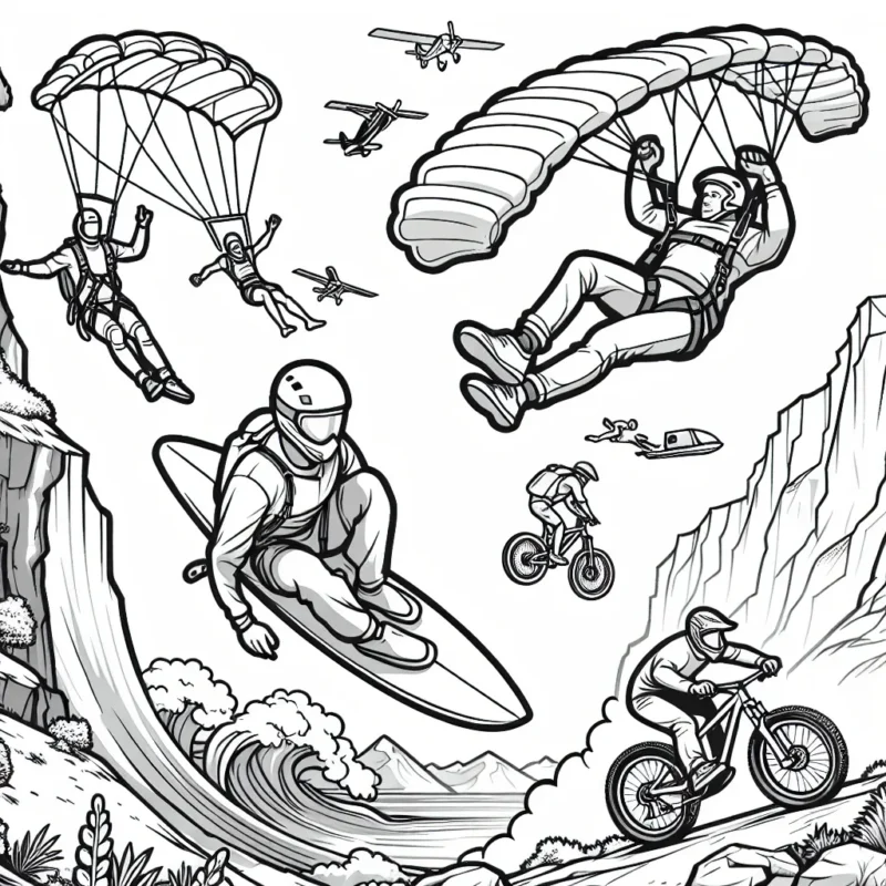 Imagine un parcours extrême rempli d'actions sportives. Il y a des athlètes qui font du parachute, du surf dans des vagues géantes, de l'escalade sur un rocher abrupt, du vélo de montagne sur une piste accidentée et du skateboard sur une rampe très haute.