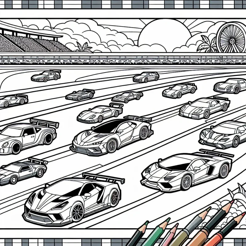 Un circuit de course rempli de voitures de sport futuristes et classiques, en dessins à colorier.