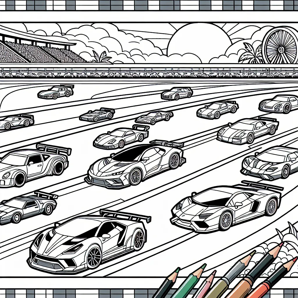 Un circuit de course rempli de voitures de sport futuristes et classiques, en dessins à colorier.