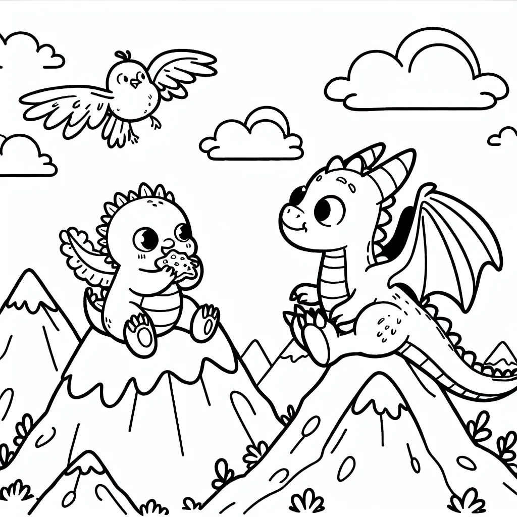 Imagine un petit dragon et son ami l'oiseau prenant une pause goûter en haut d'une montagne