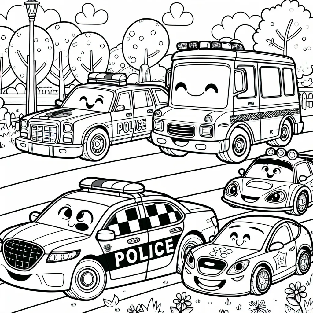 Un groupe animé de voitures, avec la voiture de police en tête, suivi d'une voiture de course brillante et d'une voiture familiale amusante au parc, toutes attendant d'être colorées.