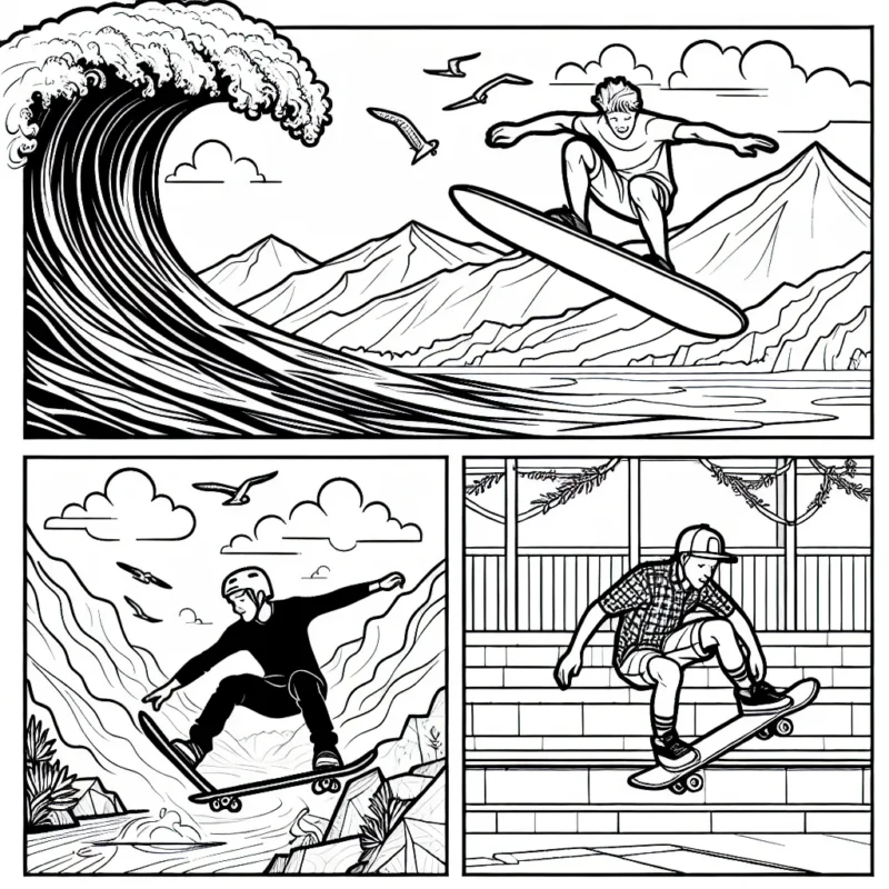 Dessine un surfeur en pleine action sur une vague gigantesque, un snowboarder sautant au-dessus d'une montagne et un skateur faisant un ollie sur un skateboard dans un skatepark.