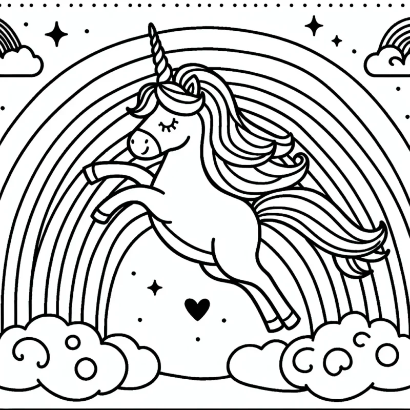 Une licorne magique qui danse sur un arc-en-ciel au-dessus des nuages