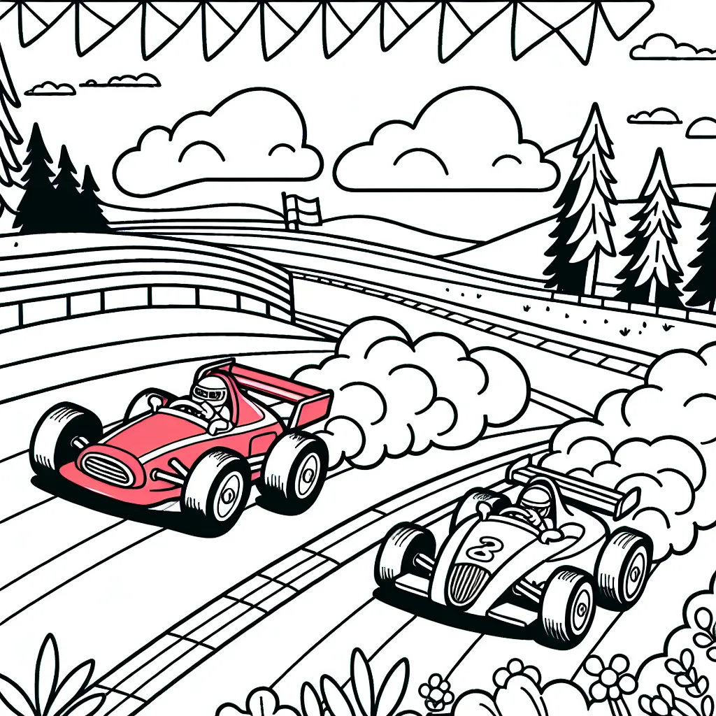 Dessine une scène de course de voitures en pleine action sur un circuit. Il doit y avoir deux voitures de course, une rouge et une bleue, qui roulent à grande vitesse. Ajoute également quelques détails comme des arbres autour du circuit, des drapeaux le long de la piste et des spectateurs en plein enthousiasme. N'oublie pas d'ajouter des nuages de poussière derrière les voitures pour montrer qu'elles roulent très vite.